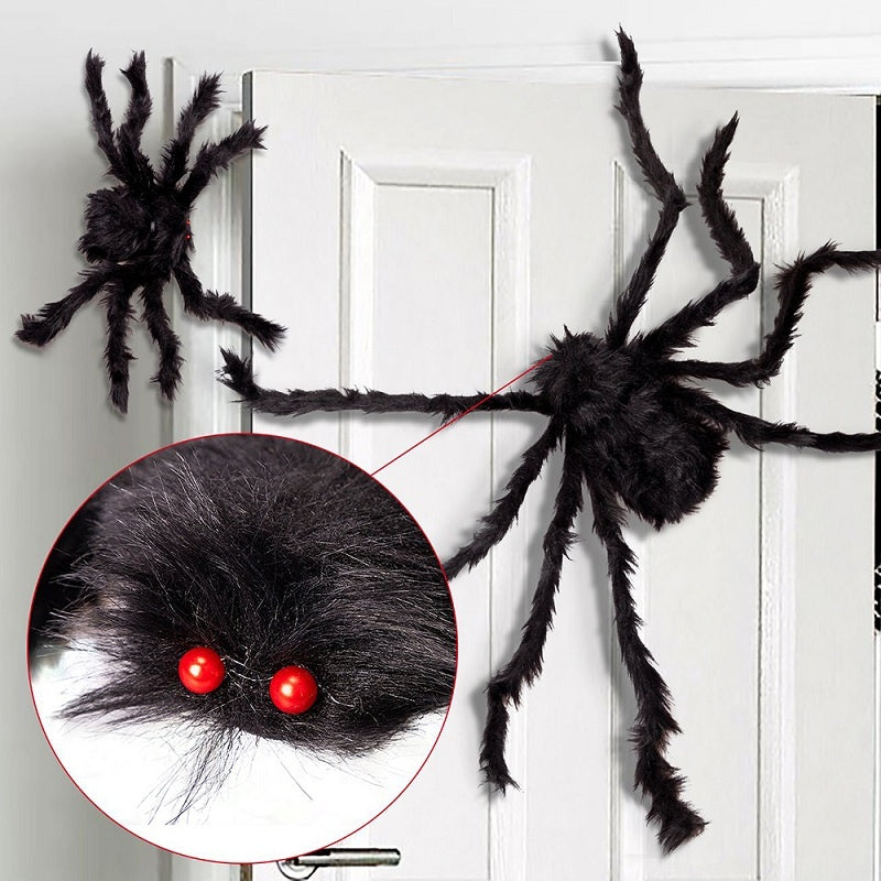 Giant Halloween spider, hairy black spider with red eyes and bendable legs, Halloween decoration for outdoors and indoor