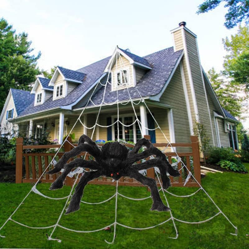 Giant spider web for Halloween 700 x 550 cm with stakes and hook, hairy black spider 30 cm with red eyes, outdoor decora