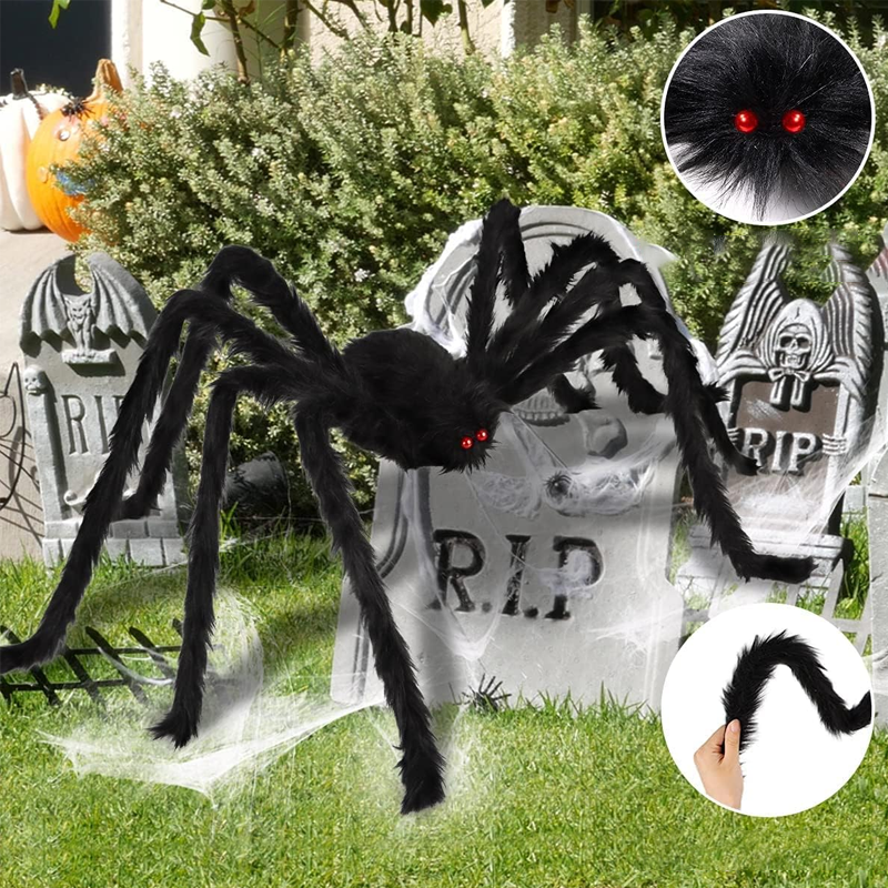 Giant spider web for Halloween 700 x 550 cm with stakes and hook, hairy black spider 30 cm with red eyes, outdoor decora