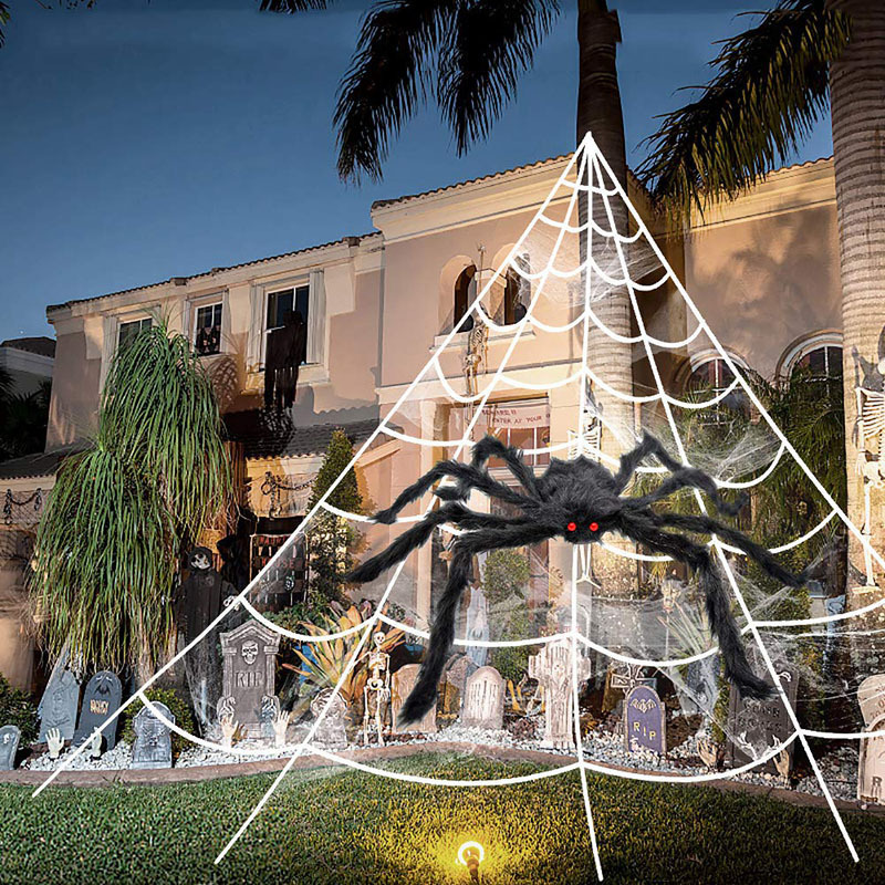 Giant spider web for Halloween 700 x 550 cm with stakes and hook, hairy black spider 30 cm with red eyes, outdoor decora