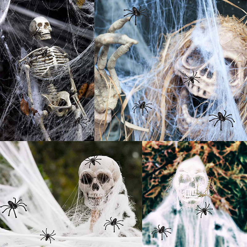 Giant spider web for Halloween 700 x 550 cm with stakes and hook, hairy black spider 30 cm with red eyes, outdoor decora