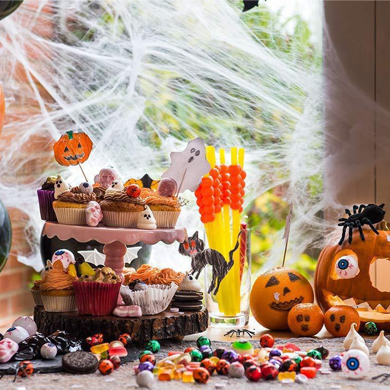 Giant spider web for Halloween 700 x 550 cm with stakes and hook, hairy black spider 30 cm with red eyes, outdoor decora