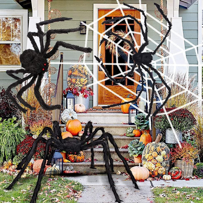 Giant spider web for Halloween 700 x 550 cm with stakes and hook, hairy black spider 30 cm with red eyes, outdoor decora