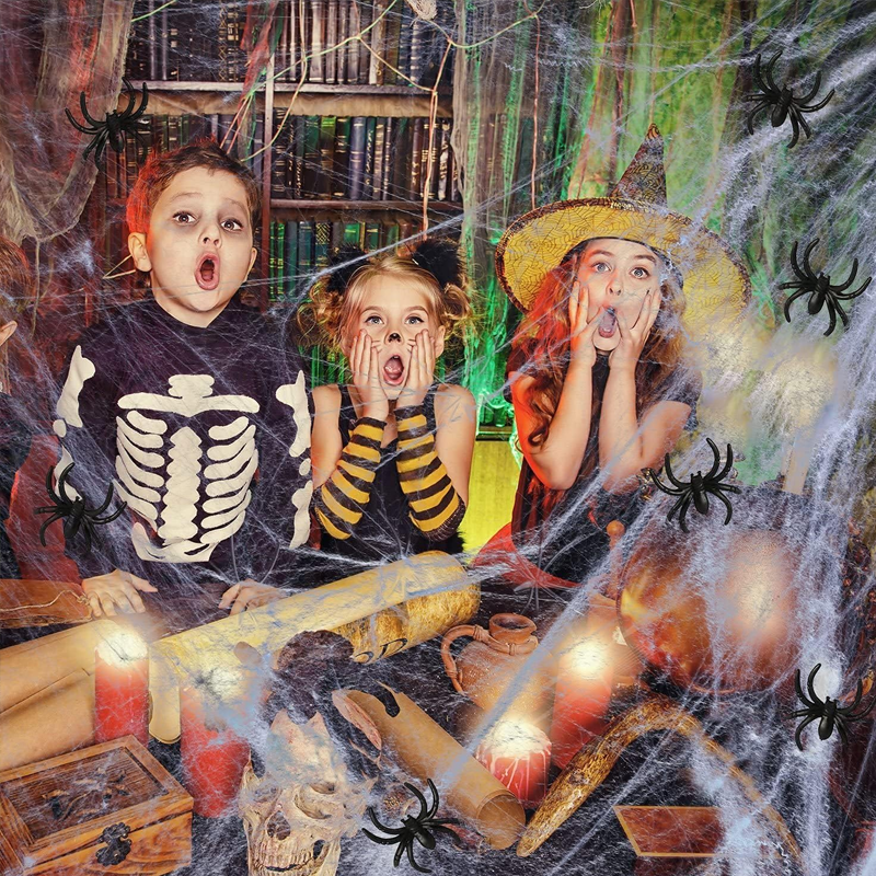 Giant spider web for Halloween 700 x 550 cm with stakes and hook, hairy black spider 30 cm with red eyes, outdoor decora