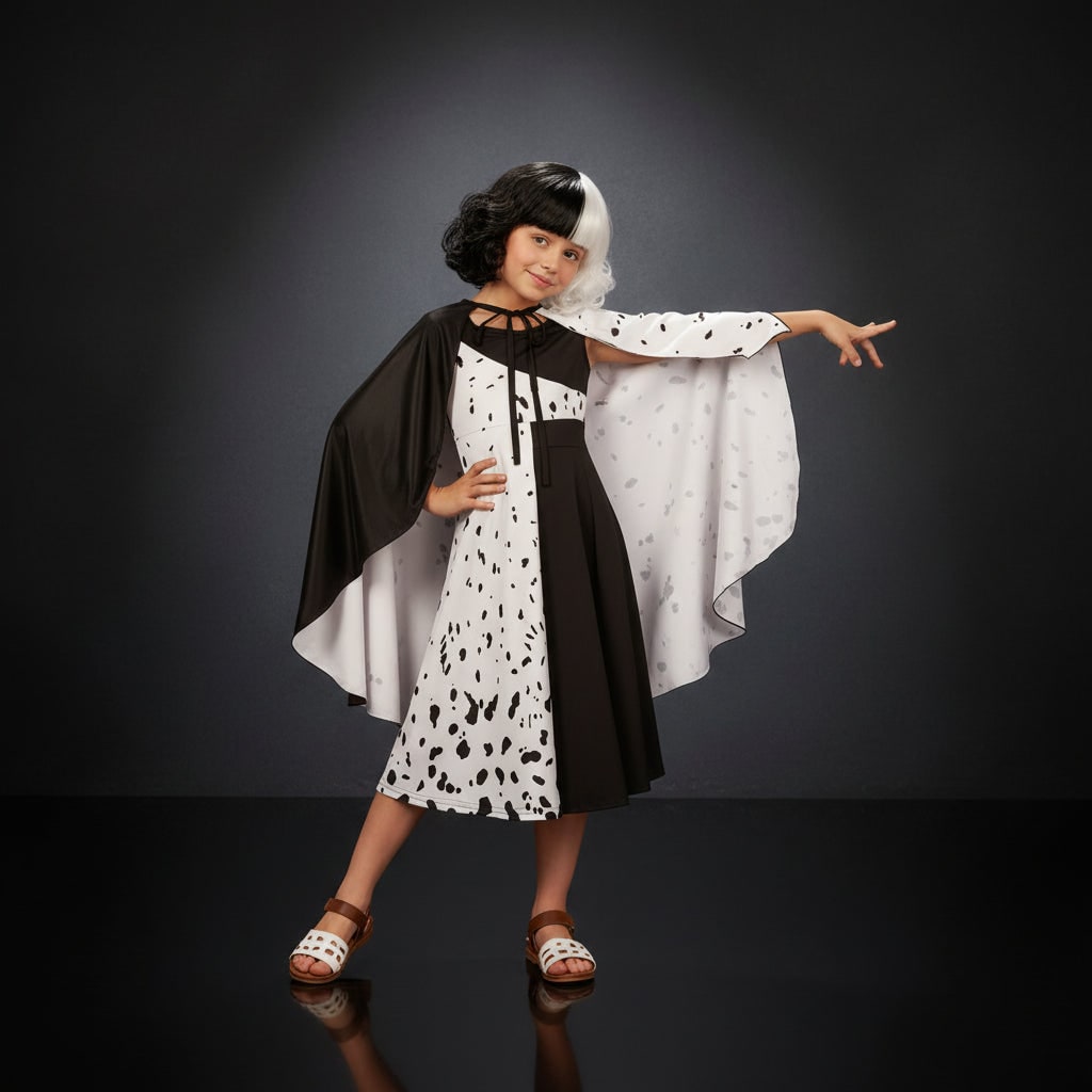 Girls Halloween costume, black and white Dalmatian spot dress with cape, polyester, feather mask and two-tone wig to cho