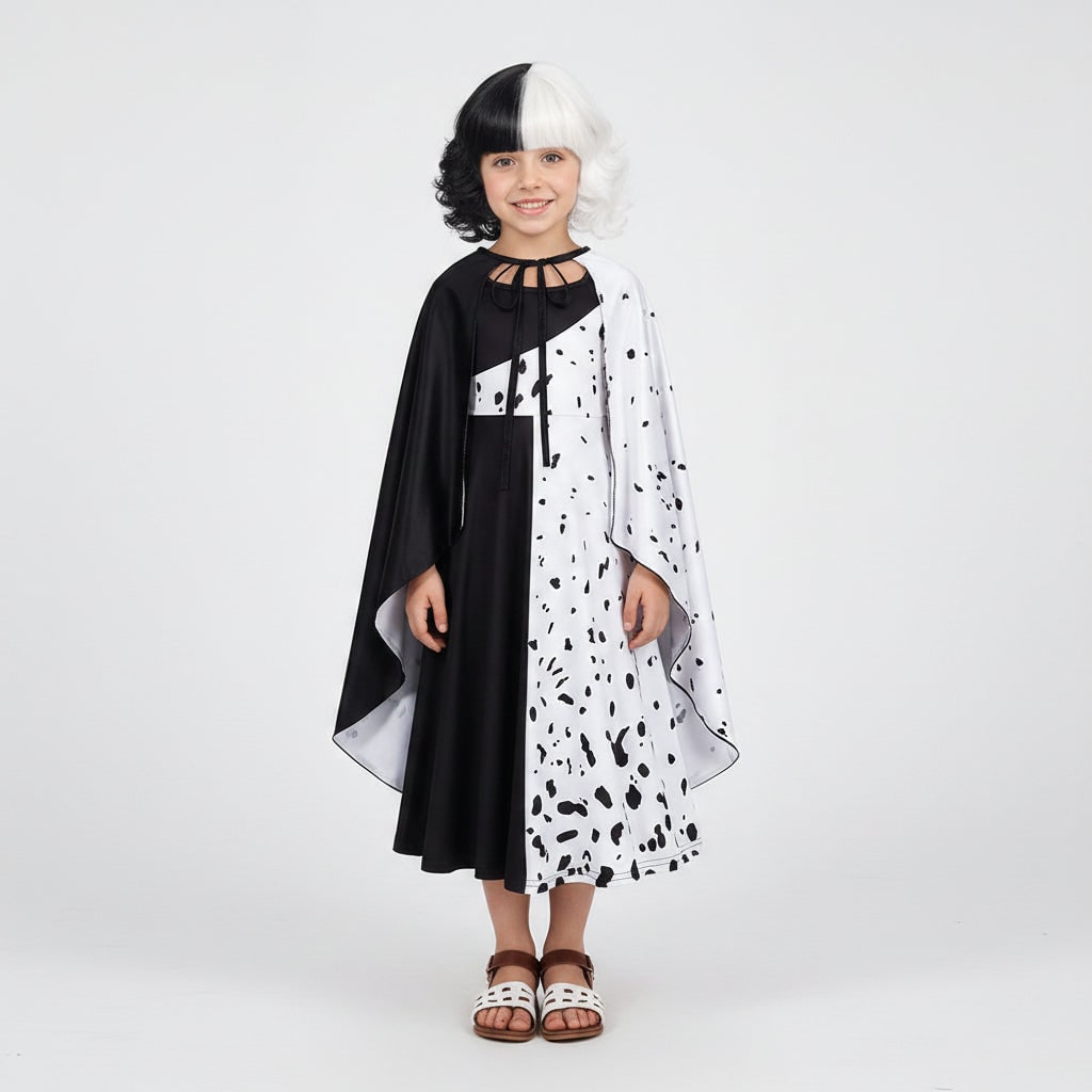 Girls Halloween costume, black and white Dalmatian spot dress with cape, polyester, feather mask and two-tone wig to cho