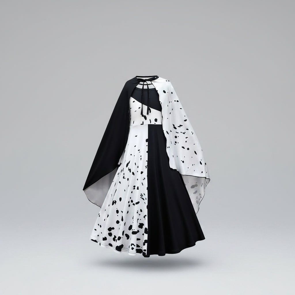 Girls Halloween costume, black and white Dalmatian spot dress with cape, polyester, feather mask and two-tone wig to cho