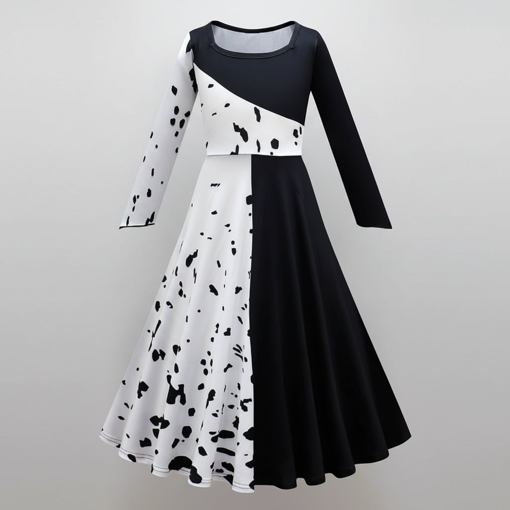 Girls Halloween costume, black and white Dalmatian spot dress with cape, polyester, feather mask and two-tone wig to cho