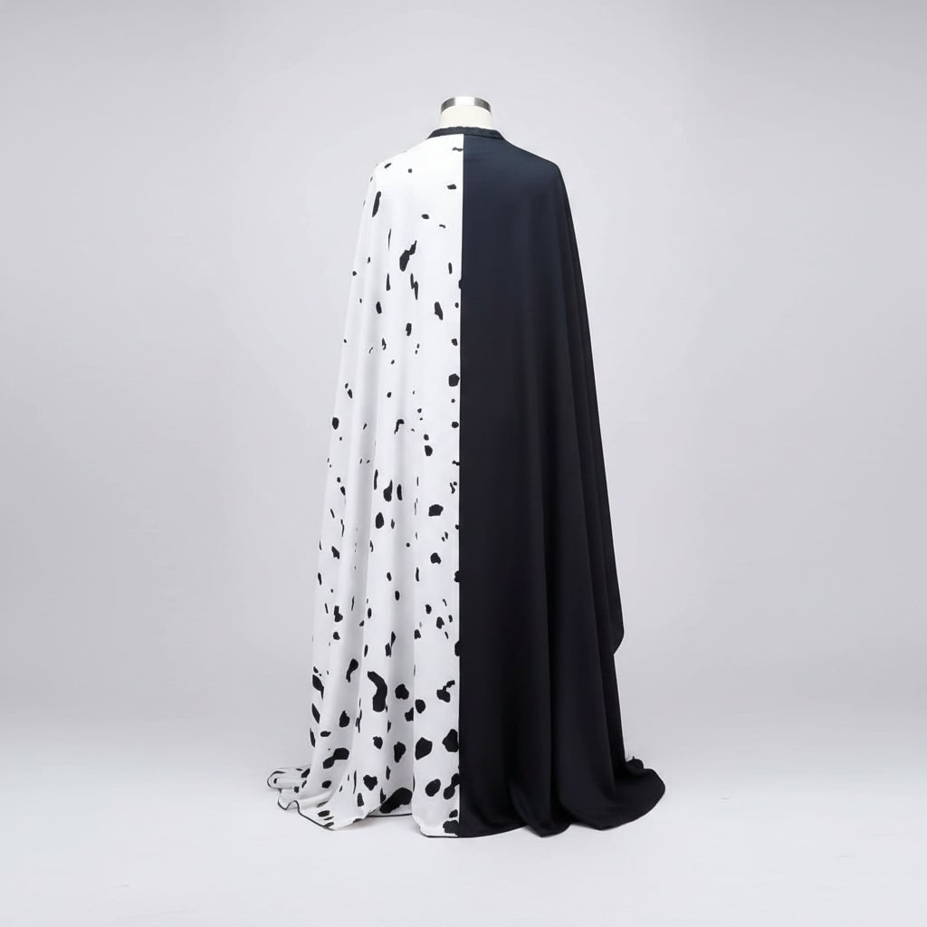 Girls Halloween costume, black and white Dalmatian spot dress with cape, polyester, feather mask and two-tone wig to cho