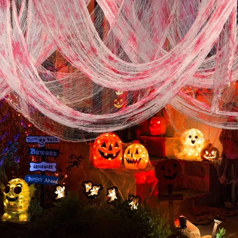 Halloween creepy cloth, torn spooky fabric to hang indoors and in the garden, black or blood-stained white, washable, cu
