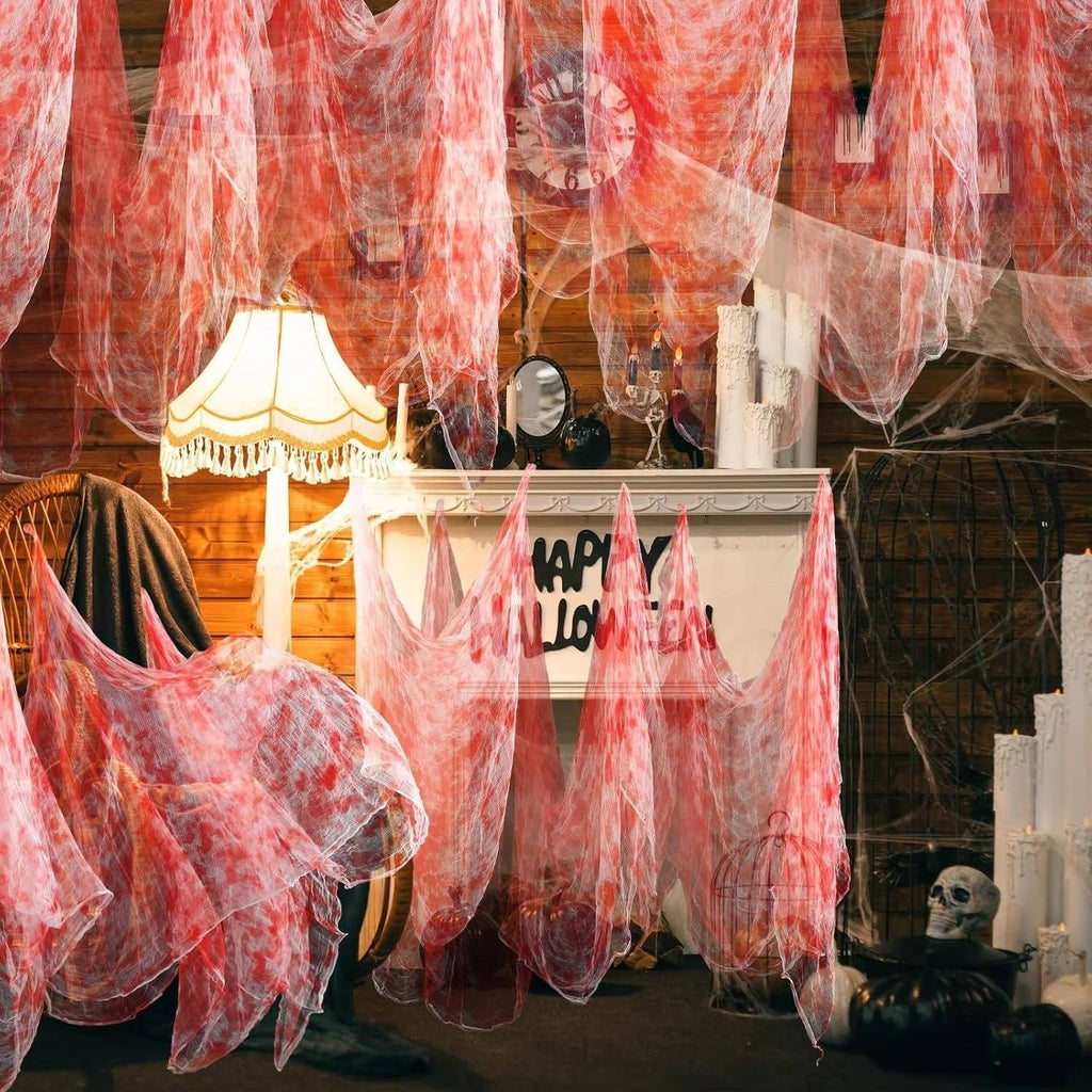 Halloween creepy cloth, torn spooky fabric to hang indoors and in the garden, black or blood-stained white, washable, cu