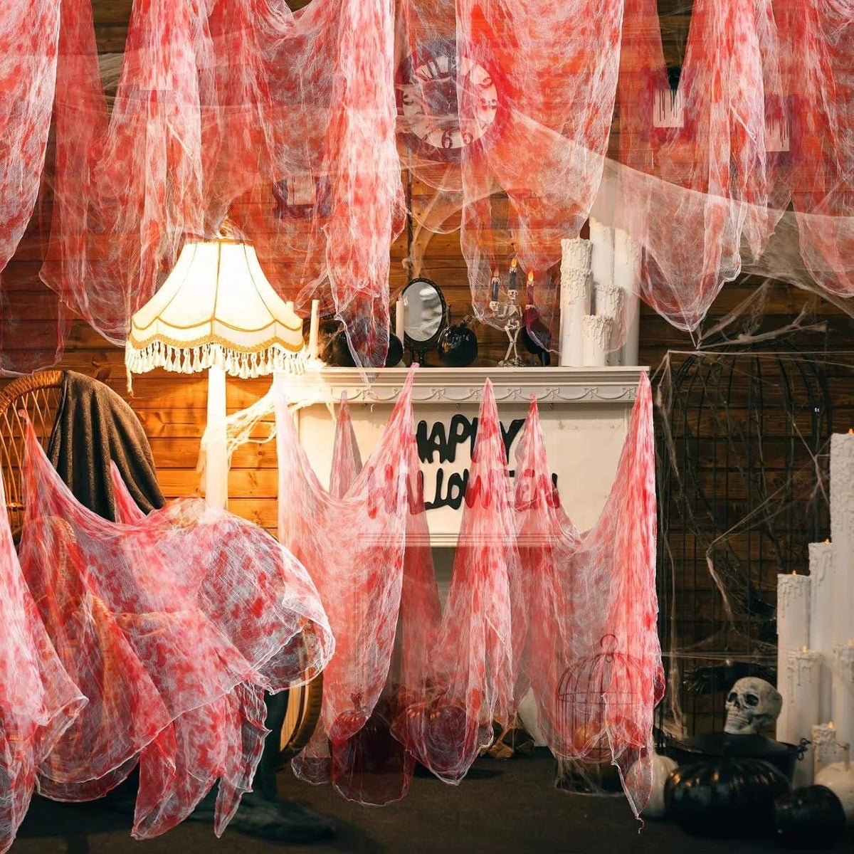 Halloween creepy cloth, torn spooky fabric to hang indoors and in the garden, black or blood-stained white, washable, cu