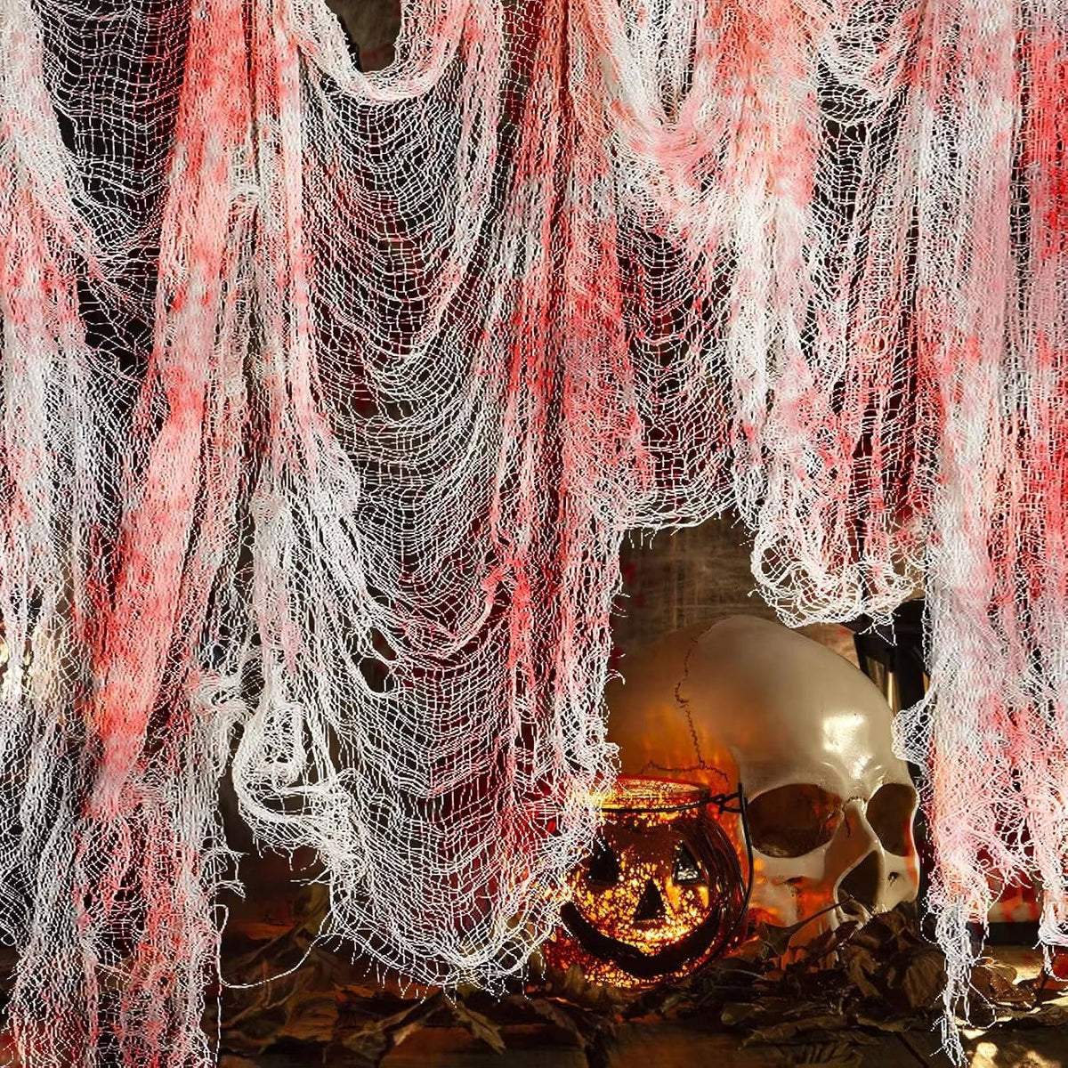 Halloween creepy cloth, torn spooky fabric to hang indoors and in the garden, black or blood-stained white, washable, cu