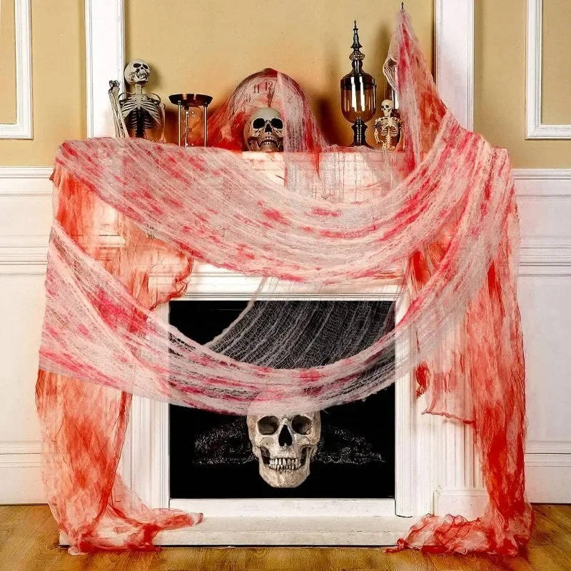 Halloween creepy cloth, torn spooky fabric to hang indoors and in the garden, black or blood-stained white, washable, cu