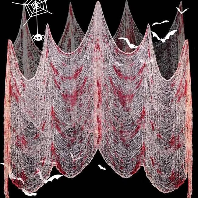Halloween creepy cloth, torn spooky fabric to hang indoors and in the garden, black or blood-stained white, washable, cu