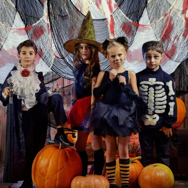 Halloween creepy cloth, torn spooky fabric to hang indoors and in the garden, black or blood-stained white, washable, cu