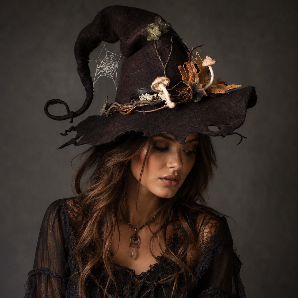 Halloween Witch Hat Felt with Curved Tip and Fantasy Decorations