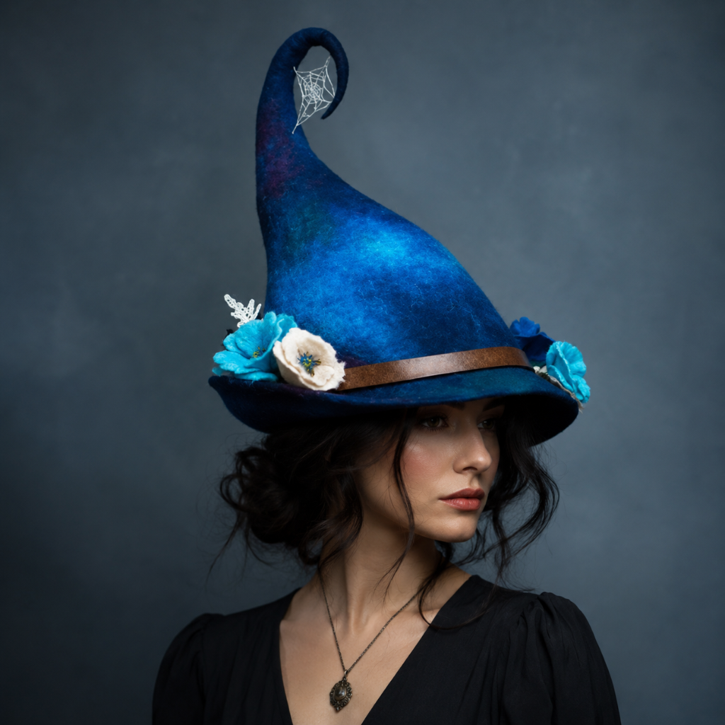 Halloween Witch Hat Felt with Curved Tip and Fantasy Decorations