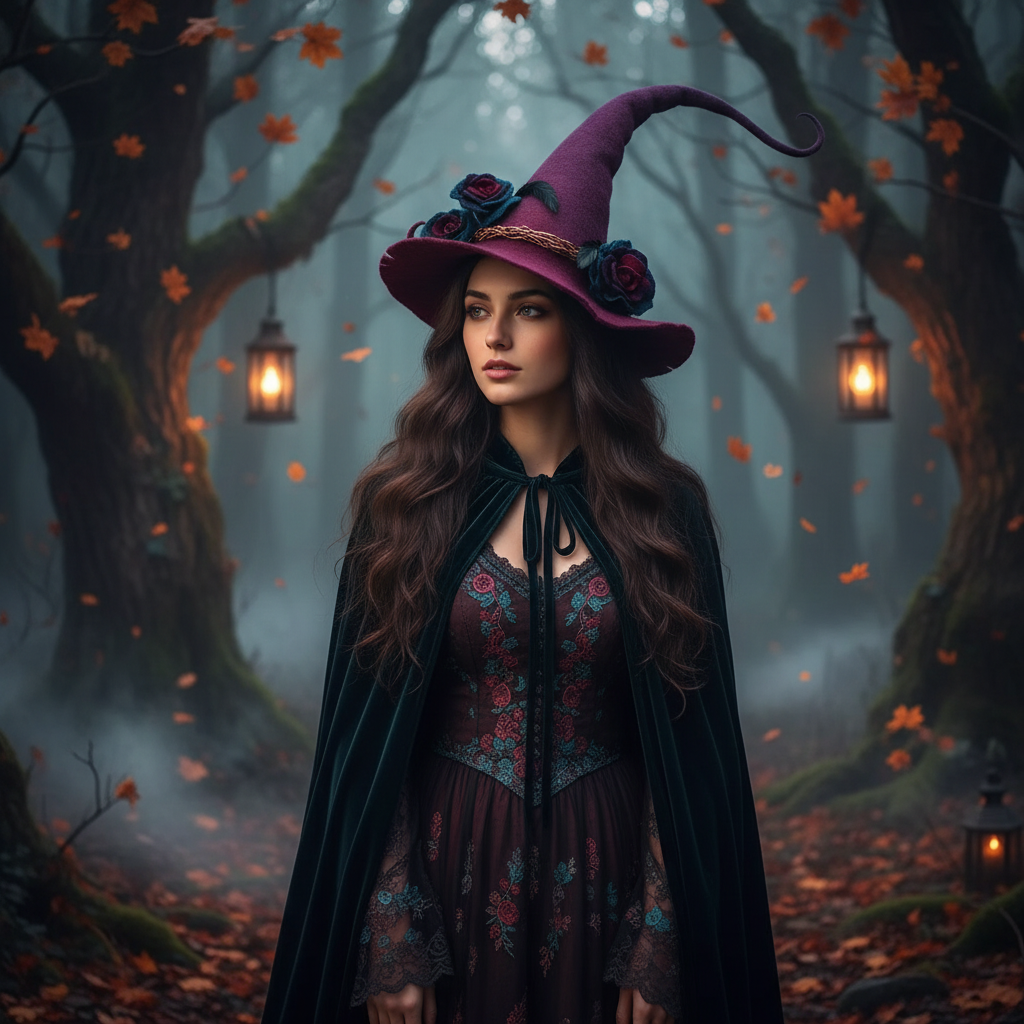 Halloween Witch Hat Felt with Curved Tip and Fantasy Decorations