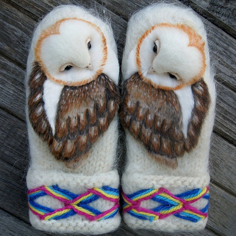 Hand Knitted Wool Nordic Owl Mittens