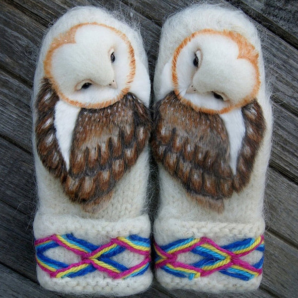 Hand Knitted Wool Nordic Owl Mittens