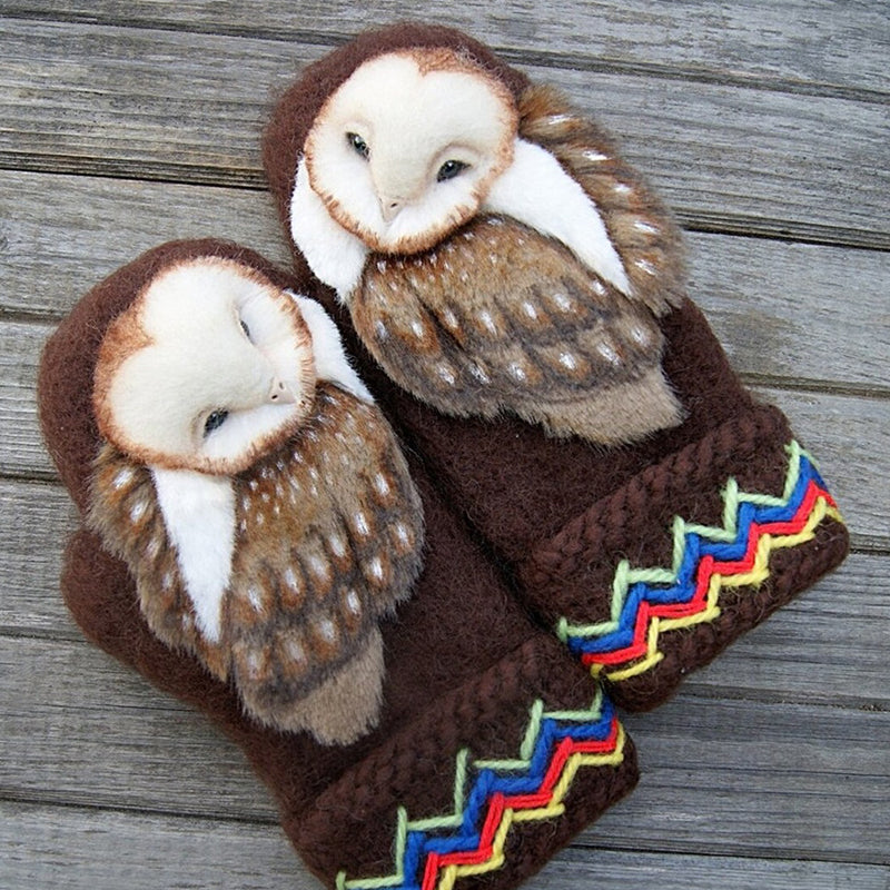 Hand Knitted Wool Nordic Owl Mittens