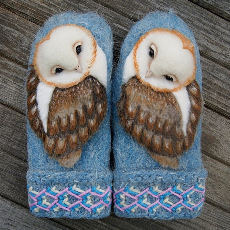 Hand Knitted Wool Nordic Owl Mittens