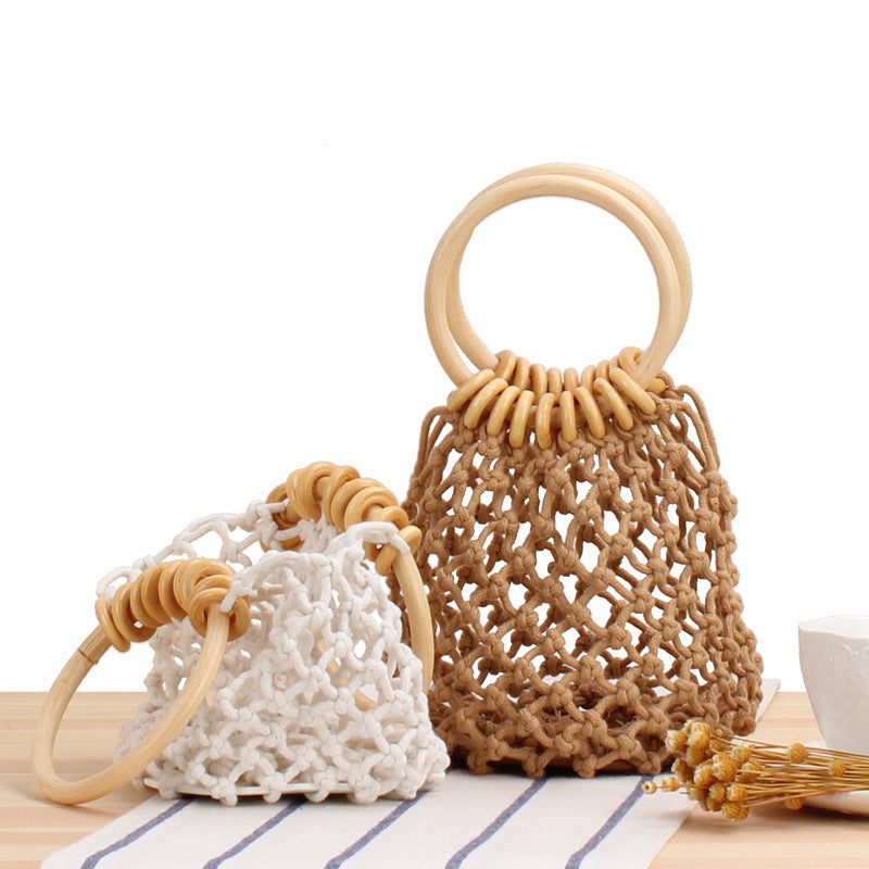 Hand-Knotted Net Tote Bag with Wooden Handle