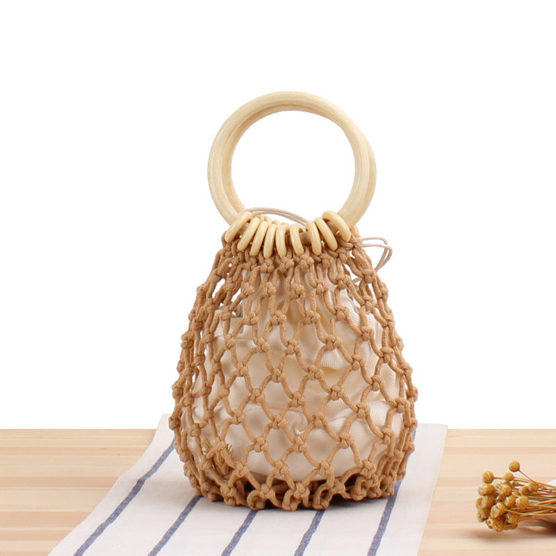 Hand-Knotted Net Tote Bag with Wooden Handle