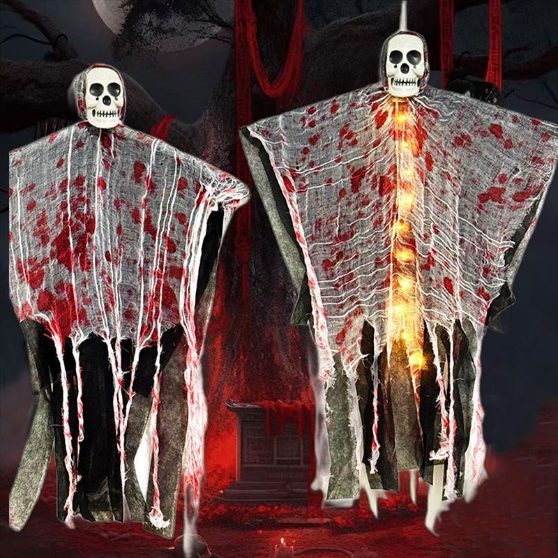 Hanging Halloween ghost with skull face, LED lights and blood-stained gauze, decoration for door, tree and indoors