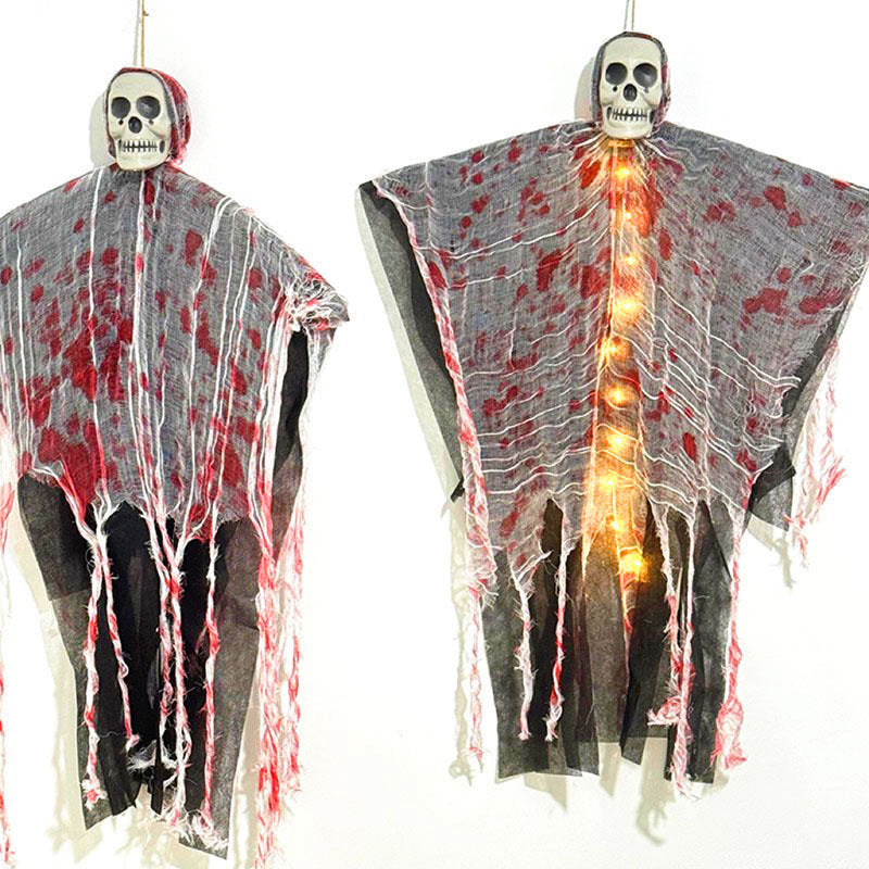 Hanging Halloween ghost with skull face, LED lights and blood-stained gauze, decoration for door, tree and indoors