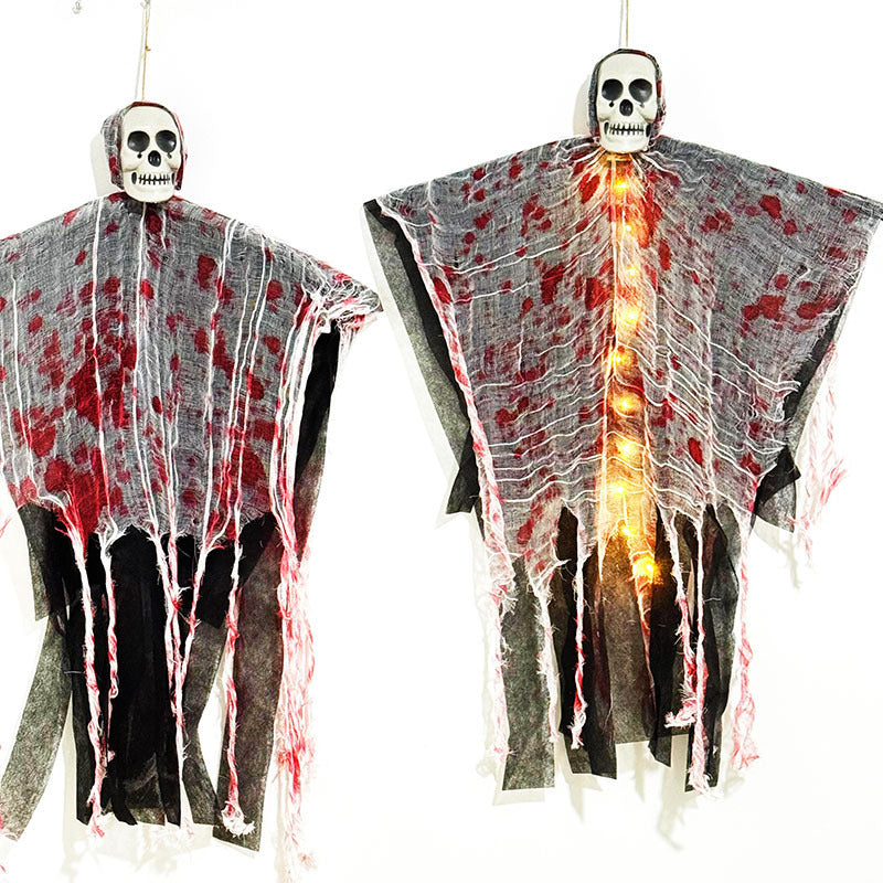 Hanging Halloween ghost with skull face, LED lights and blood-stained gauze, decoration for door, tree and indoors