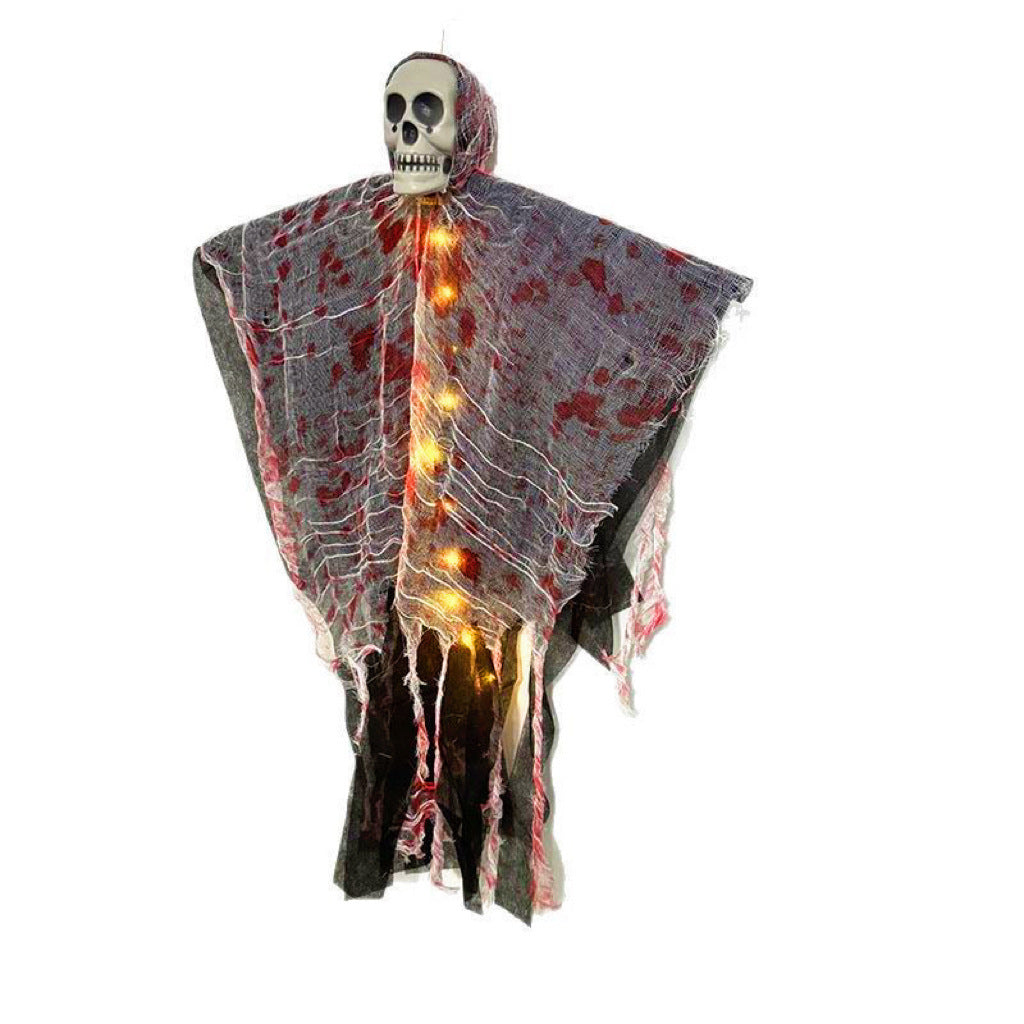 Hanging Halloween ghost with skull face, LED lights and blood-stained gauze, decoration for door, tree and indoors