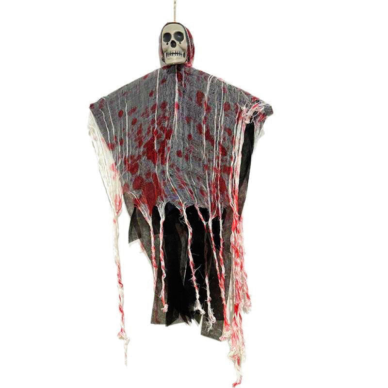 Hanging Halloween ghost with skull face, LED lights and blood-stained gauze, decoration for door, tree and indoors