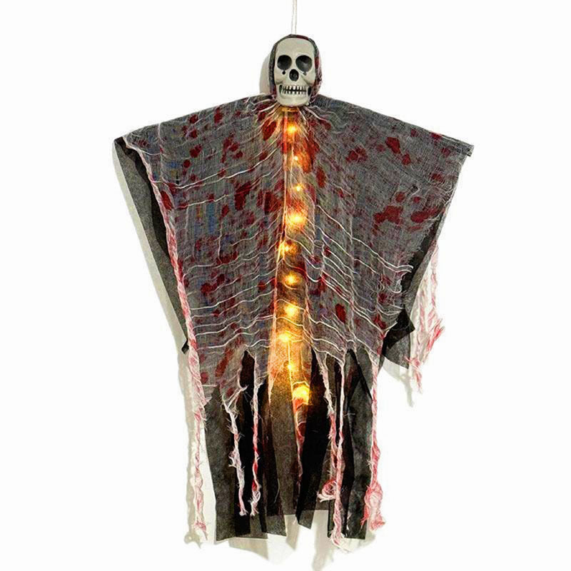 Hanging Halloween ghost with skull face, LED lights and blood-stained gauze, decoration for door, tree and indoors