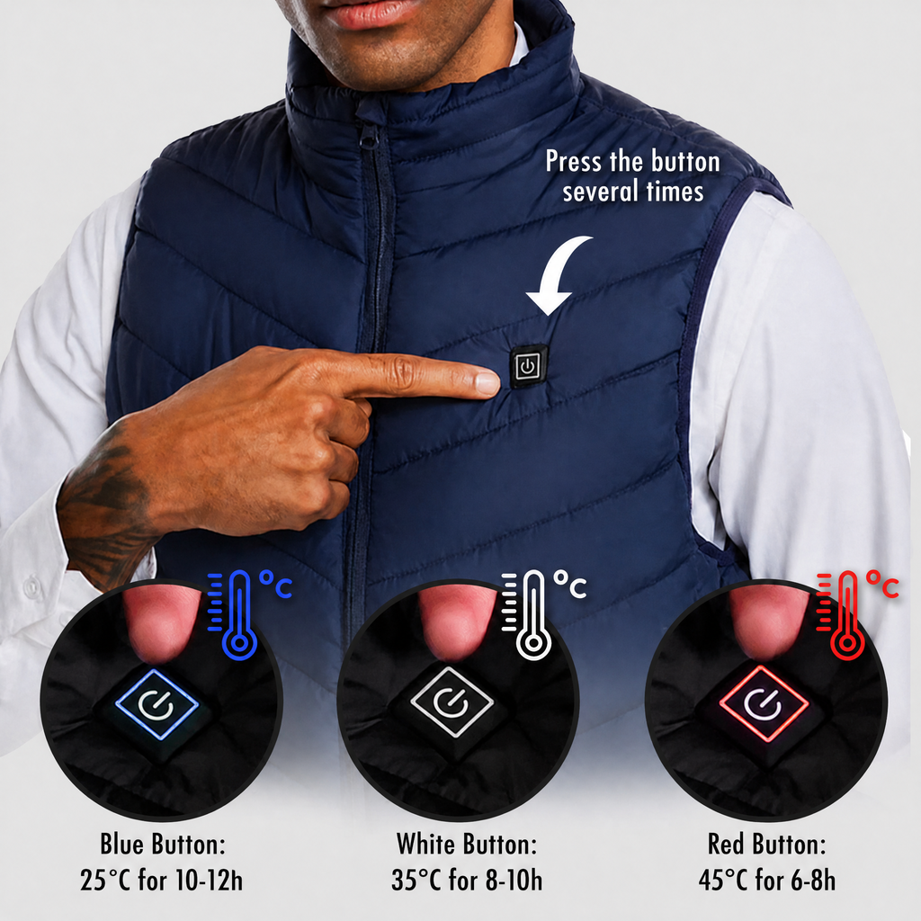 Heated Gilet Unisex with 3 Heat Levels on Back, Abdomen and Neck, Powered by USB Power Bank, Polyester with Thermal Lini
