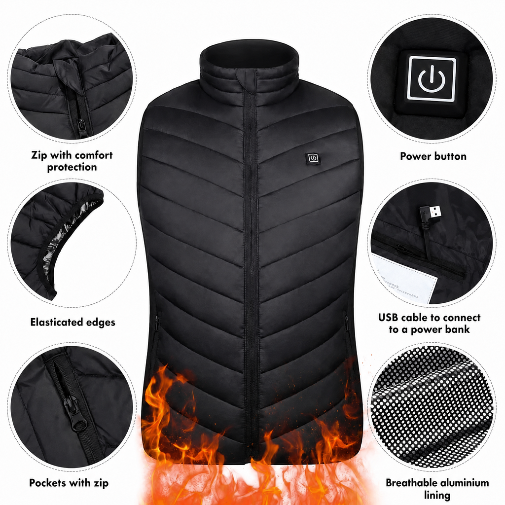 Heated Gilet Unisex with 3 Heat Levels on Back, Abdomen and Neck, Powered by USB Power Bank, Polyester with Thermal Lini