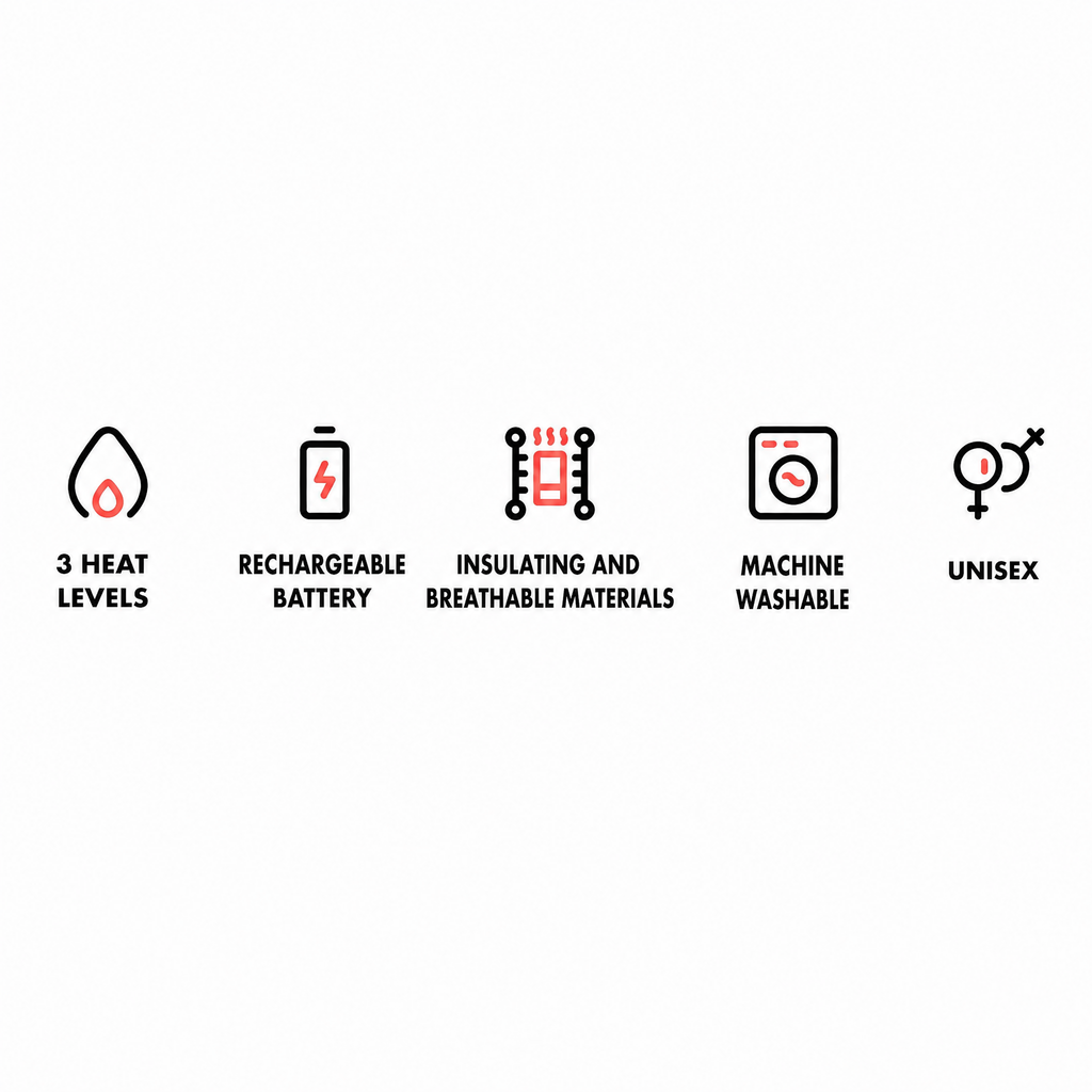 Heated Gilet Unisex with 3 Heat Levels on Back, Abdomen and Neck, Powered by USB Power Bank, Polyester with Thermal Lini