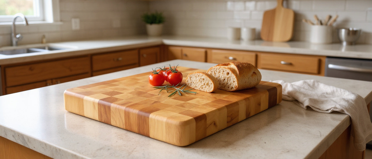 Shopaverly maple end-grain butcher block with fresh bread and herbs in an American kitchen