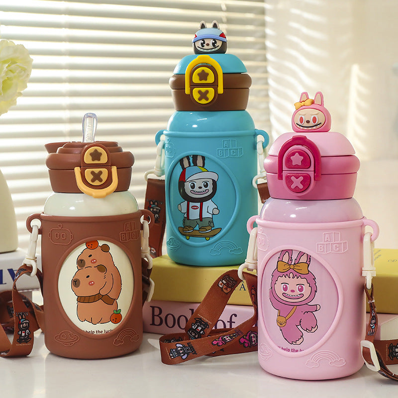Insulated Water Bottle with Animal Design and Carry Strap