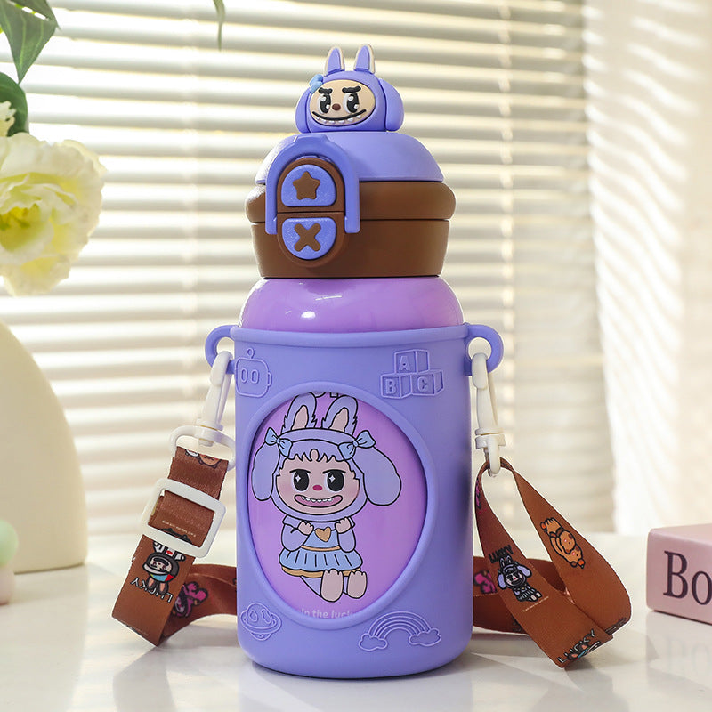 Insulated Water Bottle with Animal Design and Carry Strap