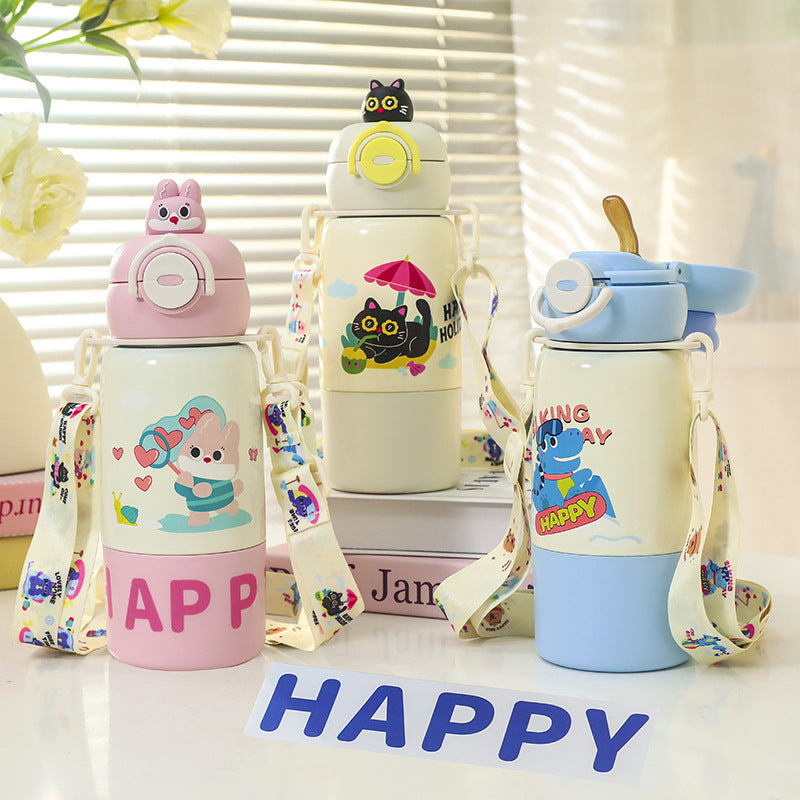 Insulated Water Bottle with Carrying Strap and Cute Cat Design