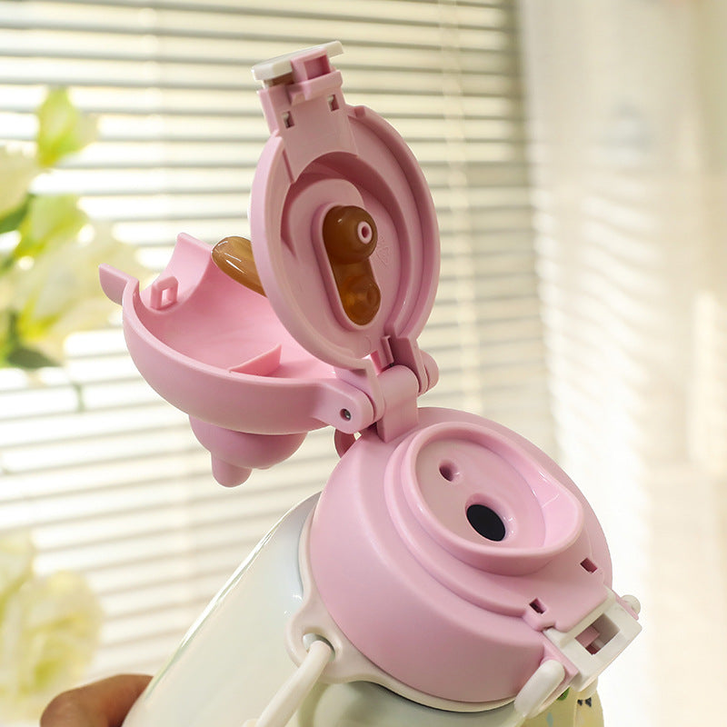 Insulated Water Bottle with Carrying Strap and Cute Cat Design