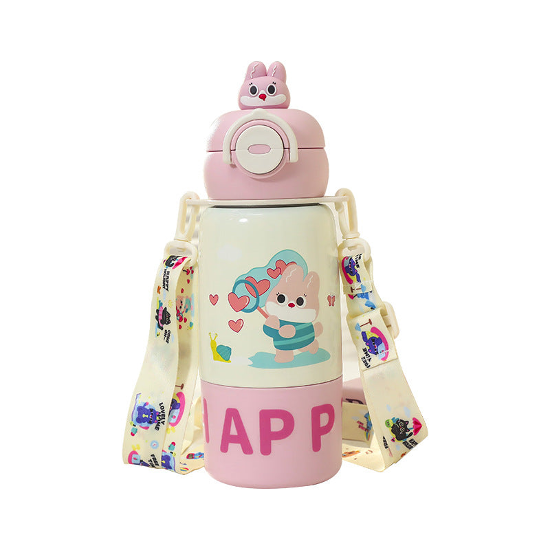 Insulated Water Bottle with Carrying Strap and Cute Cat Design
