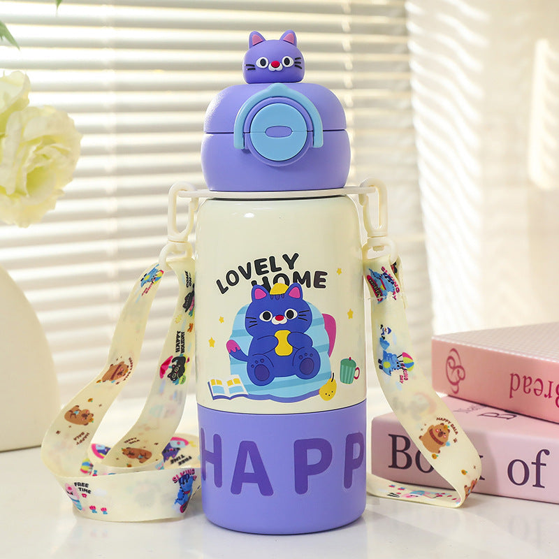 Insulated Water Bottle with Carrying Strap and Cute Cat Design
