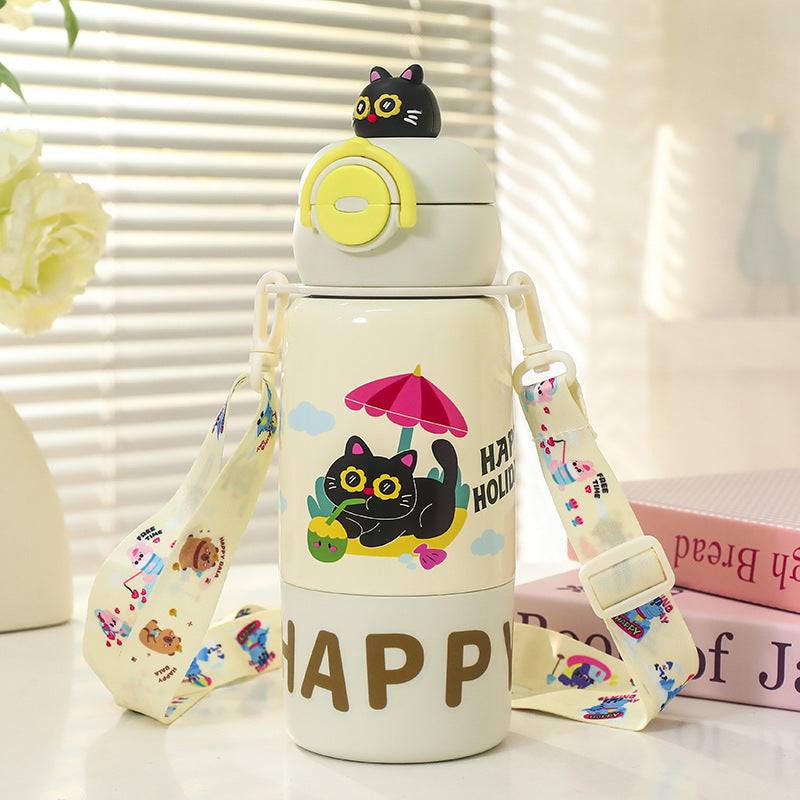 Insulated Water Bottle with Carrying Strap and Cute Cat Design