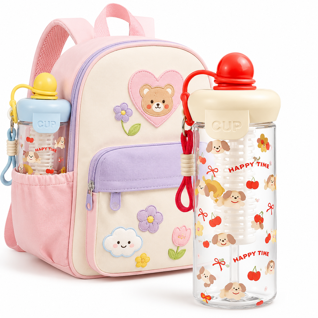 Kawaii Silicone-Topped Reusable Water Bottle with Carry Strap and Cute Dessert Print