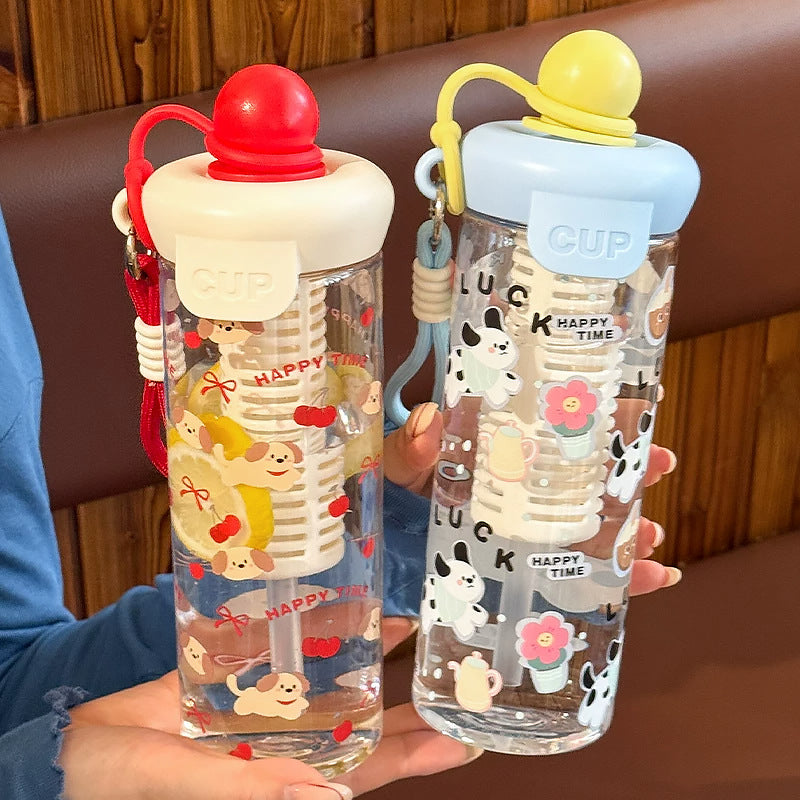 Kawaii Silicone-Topped Reusable Water Bottle with Carry Strap and Cute Dessert Print