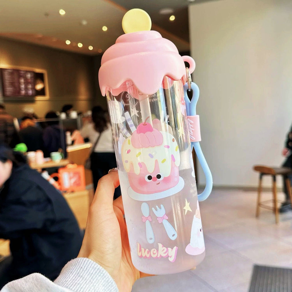 Kawaii Silicone-Topped Reusable Water Bottle with Carry Strap and Cute Dessert Print