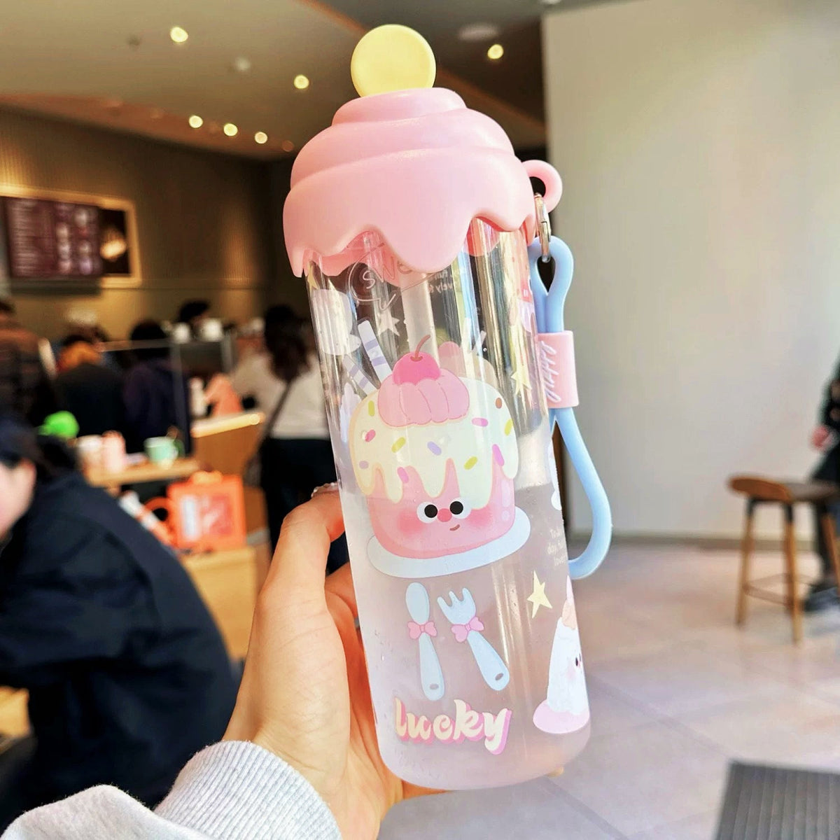 Kawaii Silicone-Topped Reusable Water Bottle with Carry Strap and Cute Dessert Print